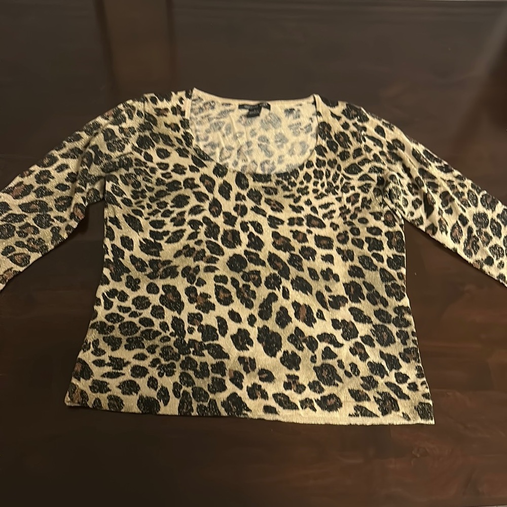 August Silk Animal Print Knit Gold Metallic Top~with Black Sequins Size L
